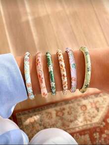 1 pieza Brazalete de estilo bohemio vintage con esmalte colorido, joyería Y2K para mujer, accesorio diario para playa y fiesta (patrón de resina aleatorio) - Multicolor - Ver 6