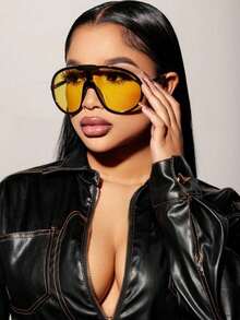 1pc Women's Oversized One-Piece Yellow Lens Fashion Glasses, Black Frame Oversized Glasses, Tropical Vacation Beach Eyewear - Yellow - View 1