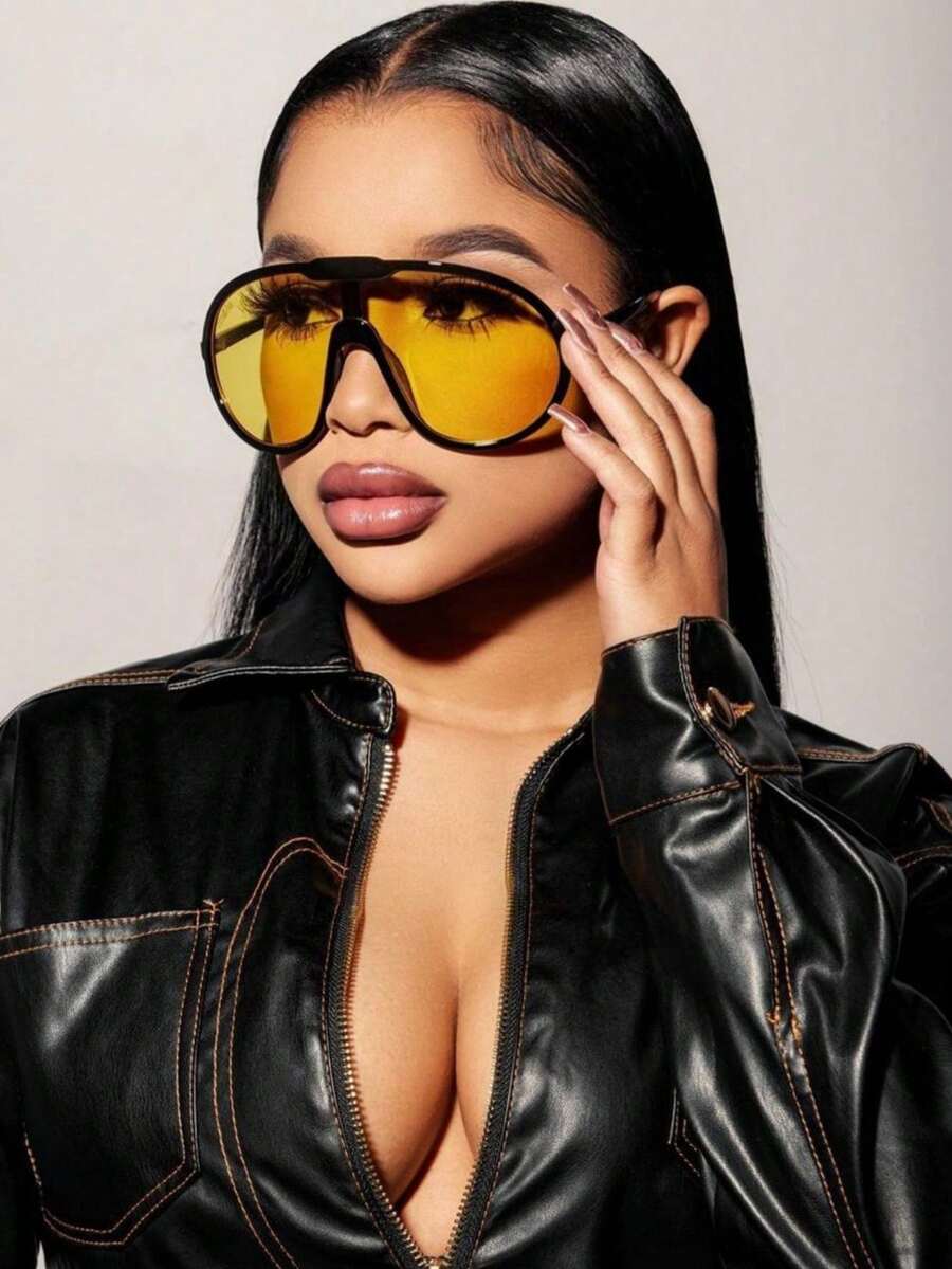 1pc Women's Oversized One-Piece Yellow Lens Fashion Glasses, Black Frame Oversized Glasses, Tropical Vacation Beach Eyewear - Yellow - View 1