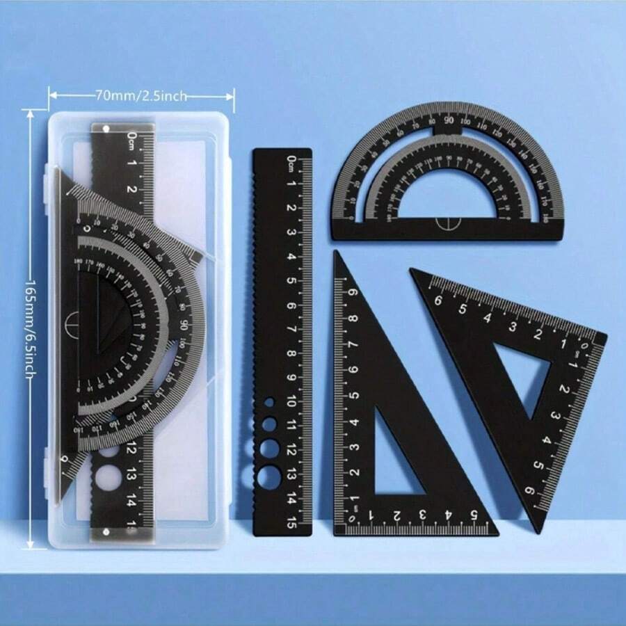 1 Set d'outils de dessin en métal avec boîte de rangement, rapporteur, règle triangle, règle droite, règle de mesure multifonction pour étudiants - 15cm - Voir 1