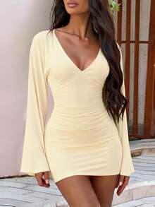 Women Solid V Neck Long Sleeves Ruched Casual Fall Winter Going Out Party Dress - Apricot - View 3