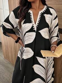 CHARIS Plus Size Bohemian Tropical Leaf Print V-Neck Dress, Rolled Sleeve Loose Casual Midi Dress, Vacation Beach Daily Wear Elegant - Multicolor - View 2
