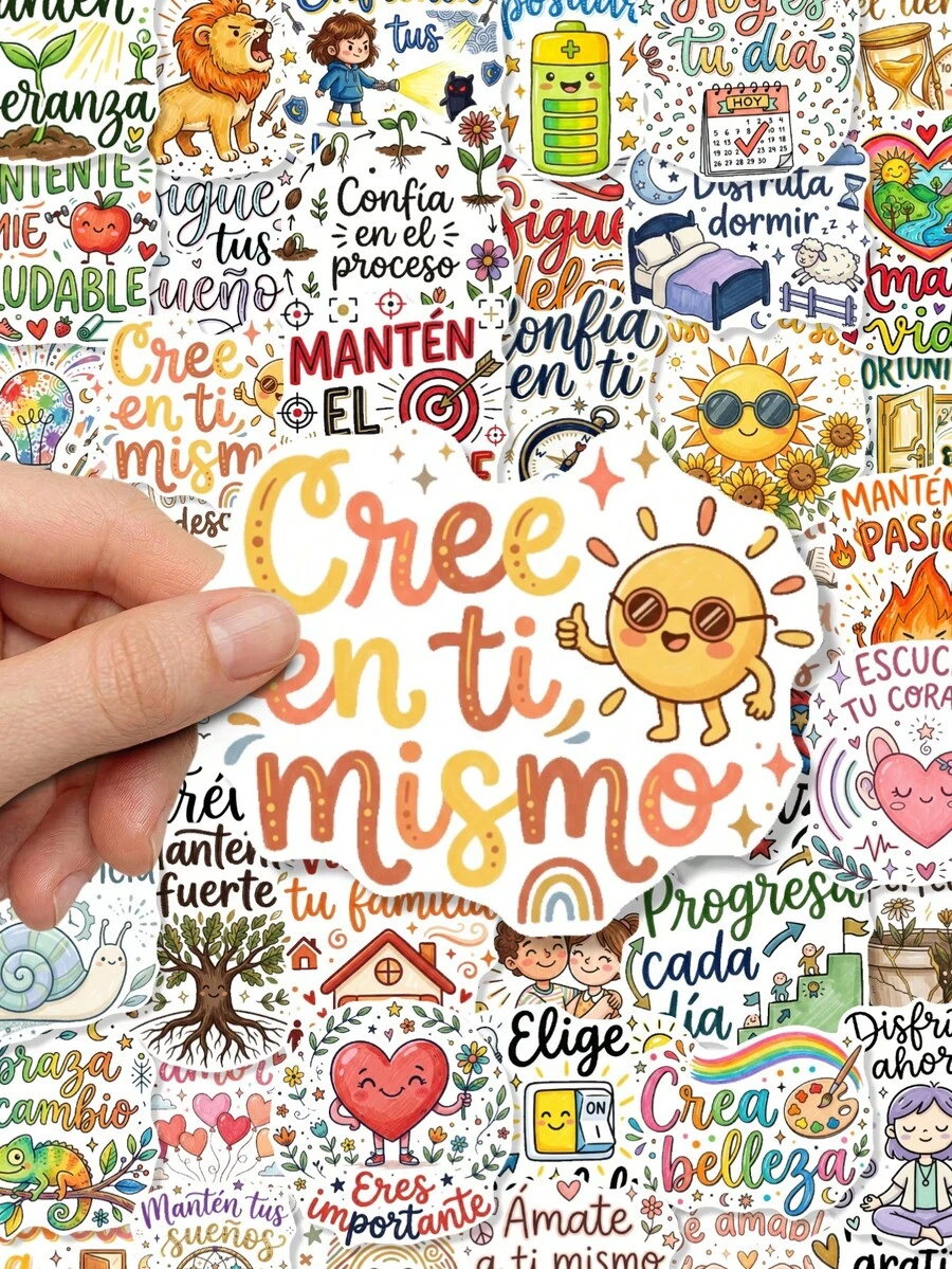50/100pcs Spanish Positive Quote Stickers, Cartoon Doodle Stickers, Suitable For Decorating Water Bottles, Laptops, Luggage, Waterproof Stickers, Suitable For Teens And Adults, Birthday Decoration, Graduation Decoration - Multicolor - View 1