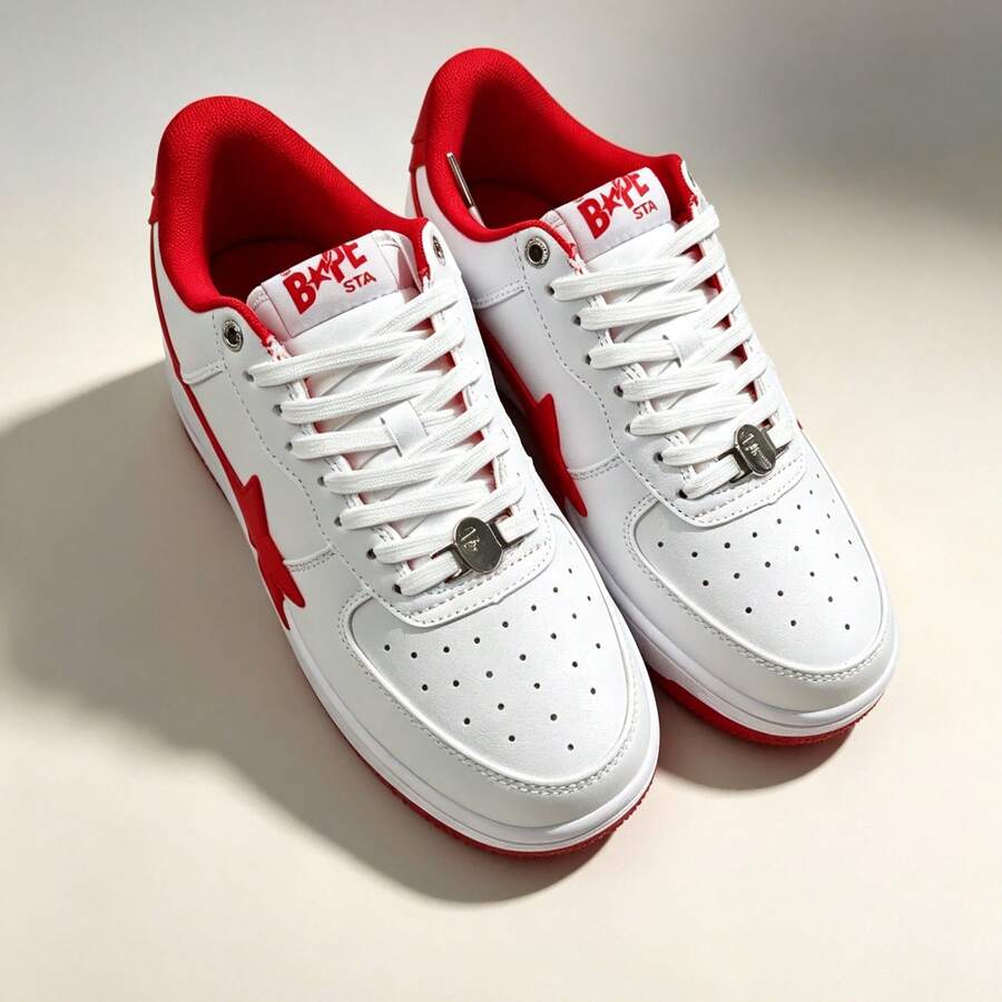 A BATHING APE Bape 休闲运动鞋，撞色星形标志亮面休闲鞋，白色鞋面饰以醒目的红色星星，男女通用