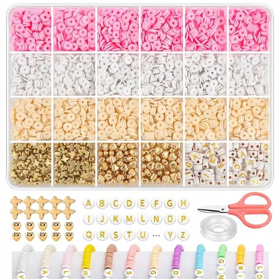 1 Set Macaron Color Soft Clay 24-Grid Flat Beads Decor DIY Necklace Bracelet Earring Hair Accessory Jewelry Making Casual Versatile Beading DIY Material Kit | Includes 1 Round Bead + Scissors - Multicolor - View 1