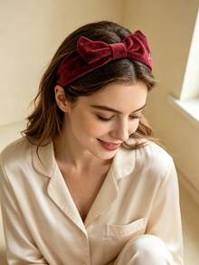 L'Occitane Burgundy Velvet Large Bow Embroidered Logo Wide Headband, Non-Slip Face Wash Headband, Vintage French Elegant Women's Hairband LOCCITANE-GIFT-49 - Red - View 4