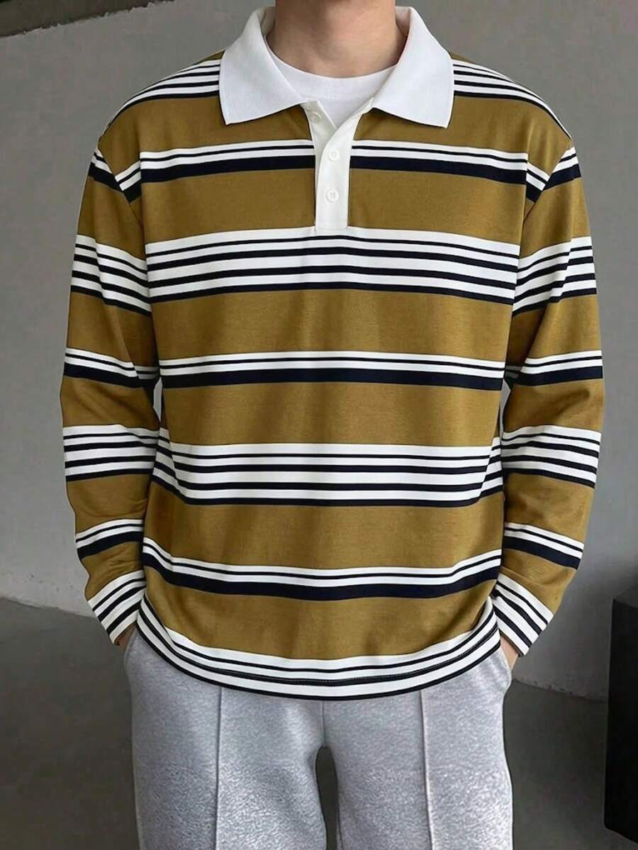 1pc Tween Boys Minimalist Preppy Striped Long Sleeve Loose Fit Polo Shirt - Multicolor - View 1