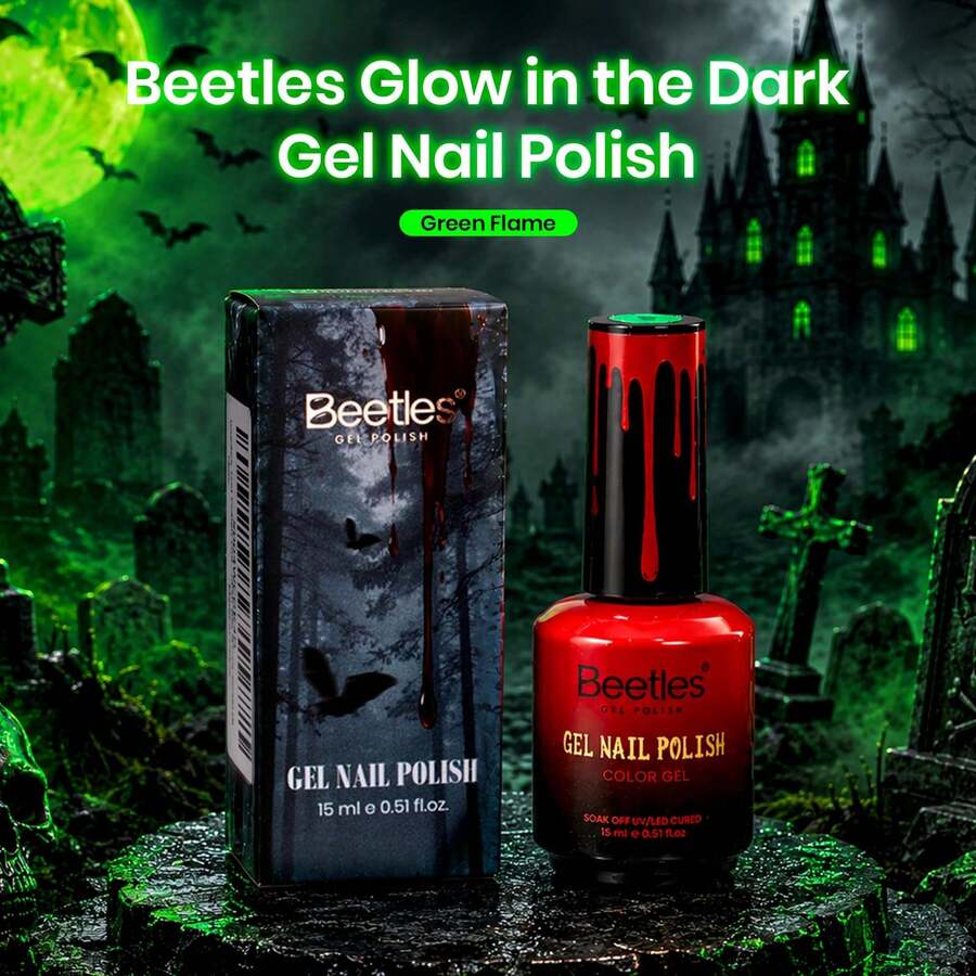 Beetles 15ML Glow In The Dark Gel Nail Polish, Green Flame Neon Glitter Soak Off UV LED Nail Colour For Halloween Flame & Spiderweb Nail Art - 15ML Green Flame Neon Glitter Gel Polish - View 1