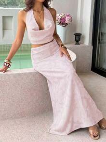 Elegant Women's Light Pink Two Pieces Outfit, Halter Neck Cowl Top With Matching Maxi Skirt Set, Perfect For Summer Casual Or Formal Events - Pink - View 4