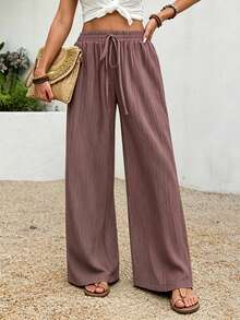 Women's Solid Olive Green Textured Elastic Waistband Faux Drawstring Wide Leg Casual Loose Full Length Pants - Light Brown - View 6
