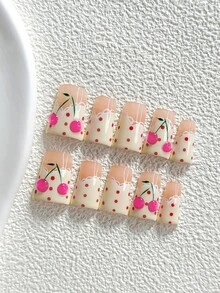 10pcs Korean Sweet Style Handmade Press-On Nails, Polygel Nail Art Set, Cherry Pattern, Pink & White Color, Sweet Girl Style, Includes Nail Tools, 3 Sizes Available, Almond Shape, Duck Shape, Coffin Shape, Suitable For Party, Dancing, Daily Wear - Multicolor - View 2