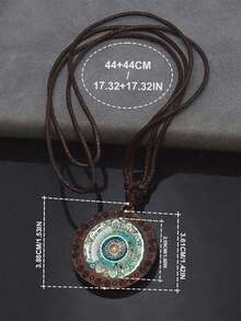 1PC Vintage Mandala Pattern Round Glass Wood Pendant Necklace - Brown - View 2