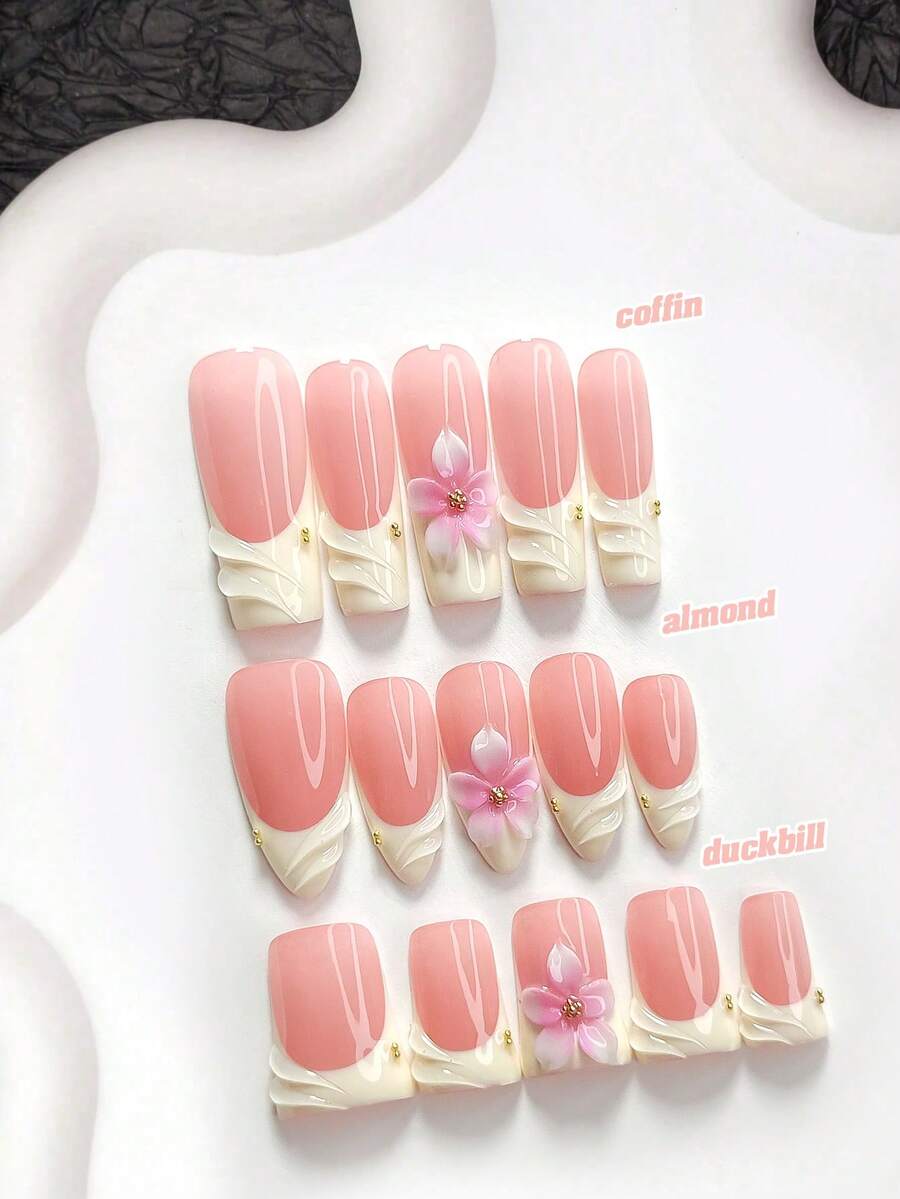 10片裝軟妹風手工穿戴甲,Polygel美甲套組,花卉圖案,黃色與粉色指甲油,純淨溫柔風格,附美甲工具,3種尺寸可選,杏仁形、鴨嘴形、棺材形,適合派對、跳舞、日常配戴 - 彩色 - 查看 1