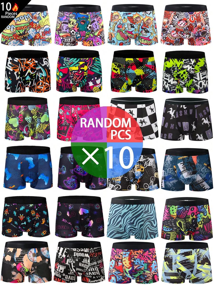 10 piezas/paquete Ropa interior para hombre con patrones aleatorios - Calzoncillos bóxer cómodos, adecuados para uso casual y deportivo, patrones aleatorios sorpresa - Multicolor - Ver 1
