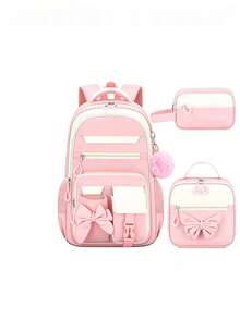 3pcs Contrast Bow Backpack Set With Pom Pom Charm, Multi-Pocket Large Capacity, Suitable For School, Travel And Daily Use - Multicolor - View 11