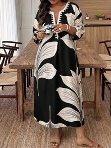 CHARIS Plus Size Bohemian Tropical Leaf Print V-Neck Dress, Rolled Sleeve Loose Casual Midi Dress, Vacation Beach Daily Wear Elegant - Multicolor - View 4