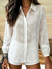 Blus Wanita Putih Bordir Semi Transparan, Kancing Depan, Lengan Panjang Reguler, Kerah Kemeja, Gaya Elegan - Putih - View 5
