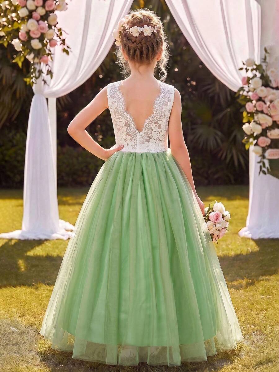 Tween Girl White Lace Patchwork Contrast Color Mesh Sleeveless Dress, Flower Girl Wedding Party Formal Gown - Green - View 1