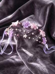 1件高級精緻奢華絲綢雪紡花卉髮箍，珍珠新娘婚禮飾品，公主仙女風新娘清新髮飾附髮帶 - 多色 - 查看 6