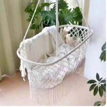 Boho Style Rope Hammock With Ruffle Tassels, Creamy Black Colours, For Indoor And Outdoor Use, Ideal For Bedroom, Balcony, Garden And Terrace, With Soft Cushion - B - View 5