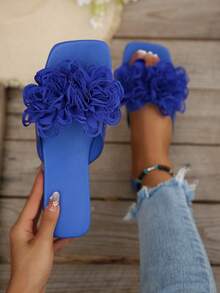 Women's Summer Klein Blue 3D Mesh Floral Square Toe Slide Sandals, Soft Sole Non-Slip Beach Slippers For Vacation And Outdoor Wear - Blue - View 12