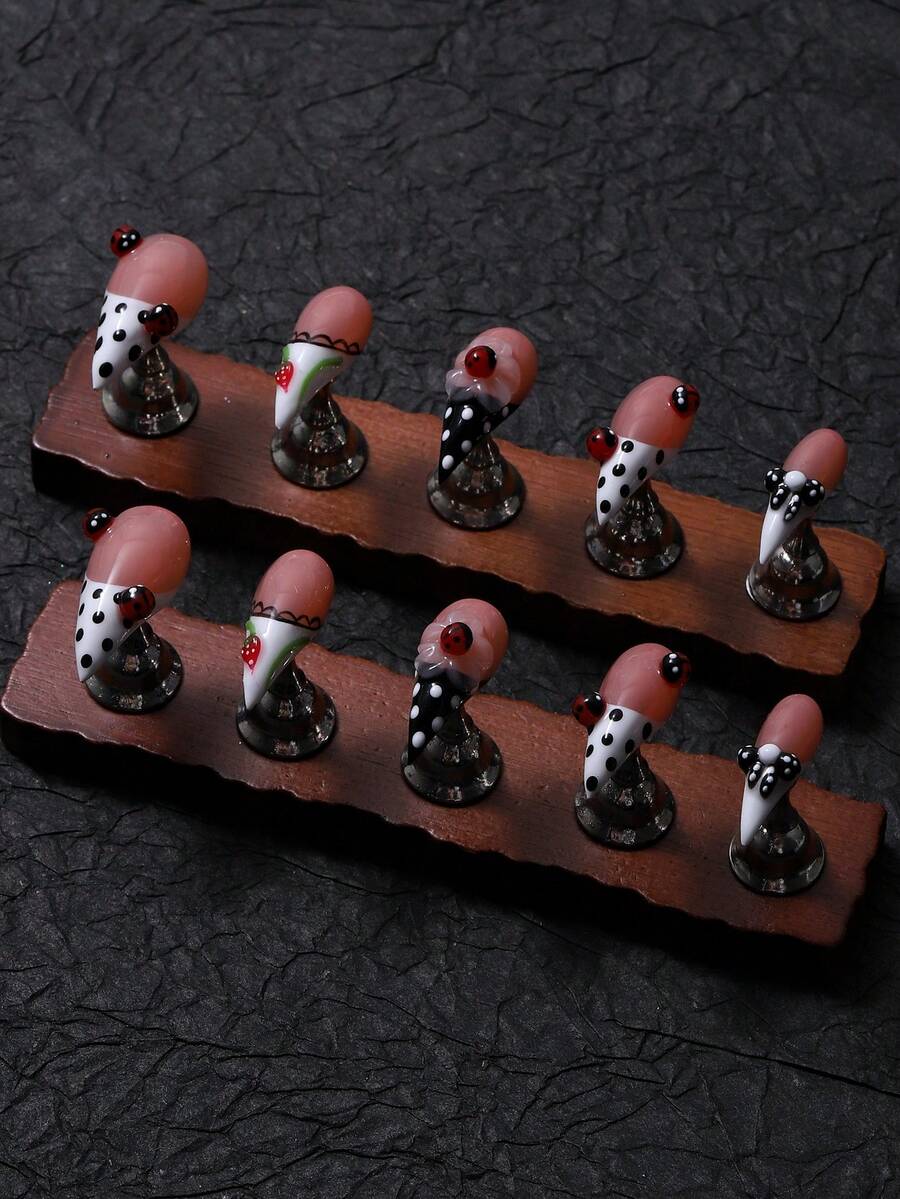 10pcs/Set Handmade Dragon Claw Cat Paw Animal Claw Press-On Nails, Y2K Style Cute Sweet 3D Ladybug Polka Dot Fresh Youthful, Includes 1pc Jelly Glue And 1pc Nail File, Suitable For Daily And Party Manicure - Baby Pink - View 1