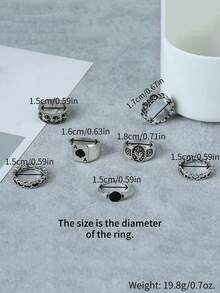 RINTOLER Juego de 7 anillos estilo gótico vintage desgastado con diseños de pica y corazón, color plateado, anillo cerrado, talla única, no ajustable - Plata antigua - Ver 12