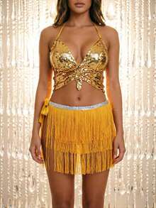 Sequin Crop Top With Multi-Layer Fringe Hip Scarf, Y2K Music Festival Party Waist Skirt 2 Pieces Set (Multiple Colors Available) - Multicolor - View 14