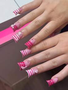 DIY 10pcs Handmade French Tip Medium Long Duck Nails Press On Nails White&Hot Pink Nails Handpainted Lines Y2K Elegant With 3d Handcrafted Flowers Removable Handmade Press On Nail For Party/Beach For Daily Wear & Cosplay With Free Gel Sticker Nail Fi - Multicolor - View 2