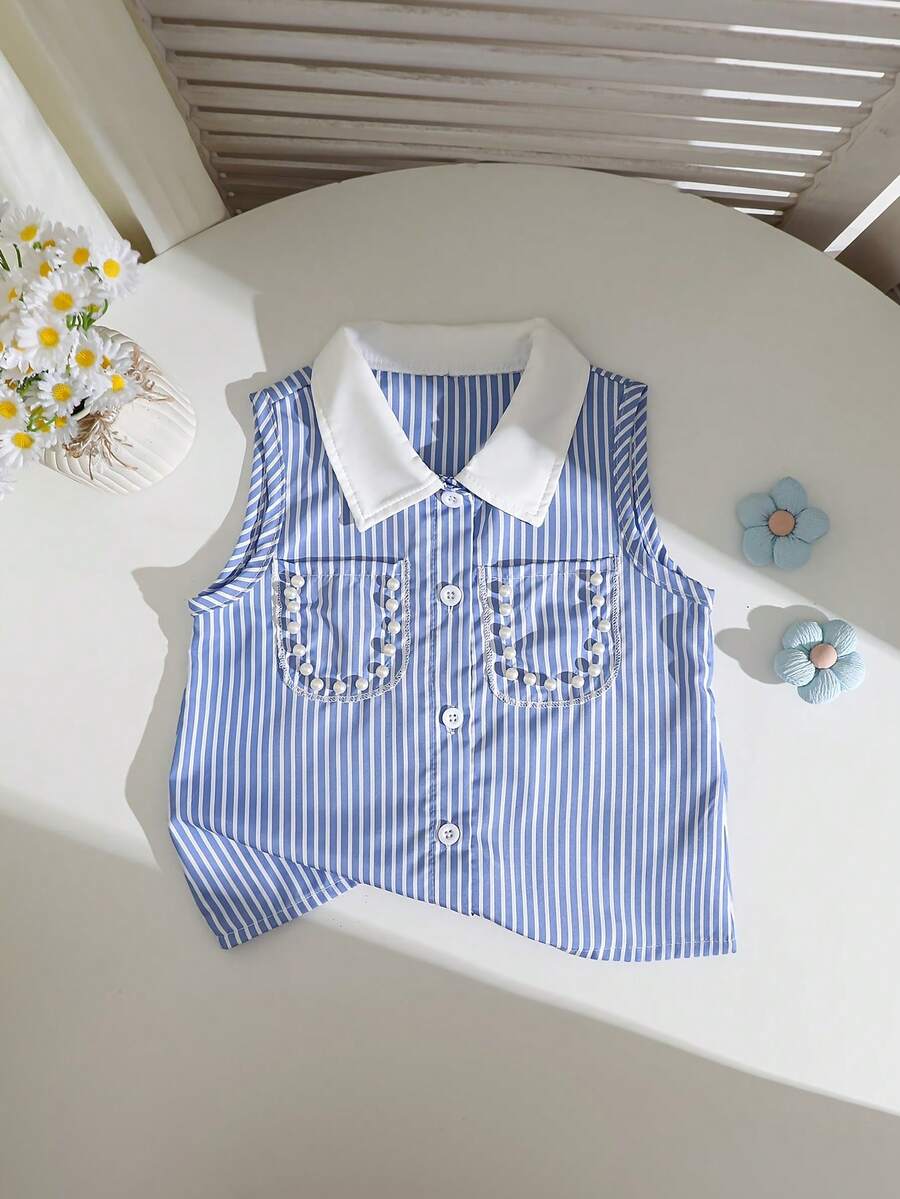 Girls' Academy Style Blue & White Striped Shirt With Beaded Pocket, Back To School Outfit