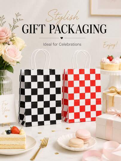 6pcs Checkerboard Print Paper Gift Bags With Handles, Vintage Checkerboard Pattern Tote Packaging Bags, Multi-Purpose Shopping & Gift Wrapping Bags, Suitable For Birthday, Wedding, Party Favors, Small Business Product Packaging, Home Storage