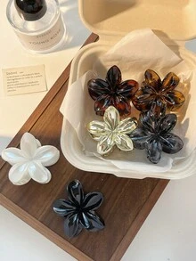 1pc/6pcs Minimalist Large Flower Acrylic Hair Claw Set, Solid Color Elegant Vacation Style Hair Clips For Women, Gold Hair Claw - Gold - View 16