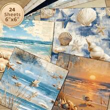 24 Sheets 6*6 Inch Mediterranean Vintage Seaside Scrapbook Decorative Paper, Aged Yellowed Texture Beach Starfish Shells Reeds Coast Sunset Starry Sky Old Letter Background Material Paper, Non-Repeating Seaside Vintage Craft Cardstock, Ocean Style Scrapbook, Vacation Greeting Card, Seaside Gift Box DIY Handmade - Square - View 1