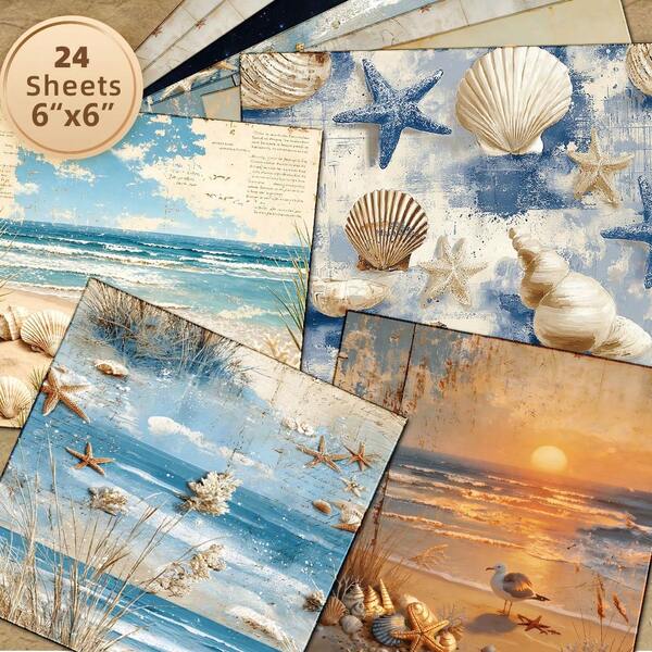 24 Sheets 6*6 Inch Mediterranean Vintage Seaside Scrapbook Decorative Paper, Aged Yellowed Texture Beach Starfish Shells Reeds Coast Sunset Starry Sky Old Letter Background Material Paper, Non-Repeating Seaside Vintage Craft Cardstock, Ocean Style Scrapbook, Vacation Greeting Card, Seaside Gift Box DIY Handmade