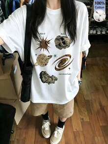 女款休閒寬鬆圓領百搭卡通字母與星空印花短袖T恤，春/夏白色 - 白色 - 查看 3