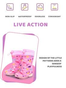 Botas de lluvia con brillo a prueba de agua con diseño de flamenco para niñas, zapatos de lluvia antideslizantes para exteriores, cómodos con cordones de ajuste, aptos para todas las estaciones - Rosa - Ver 10