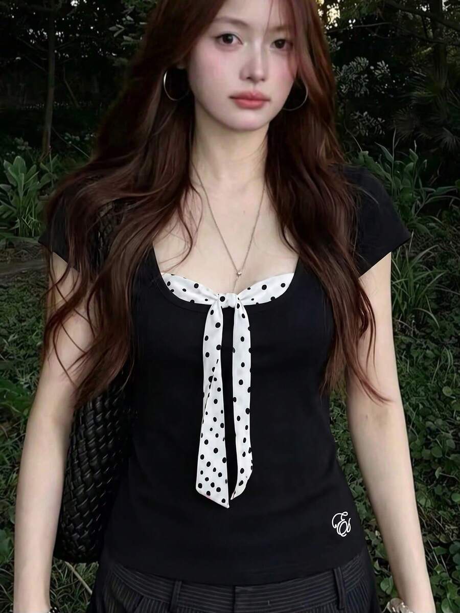 波點刺繡拼接 2 合 1 短袖 T 恤 女款 2026 夏季新款 蝴蝶結休閒百搭上衣 黑色 - 黑色 - 查看 1