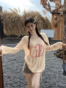 Kaos Lengan Panjang Bordir Apel Vintage untuk Wanita, Potongan Longgar, Pelindung Matahari Awal Musim Semi, Atasan Santai - Aprikot - View 2