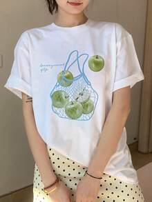 Graphic Print Drop Shoulder-Shirt, Short Sleeve Crew Neck Casual Top Spring And Summer, Women'S Clothing - White - View 2