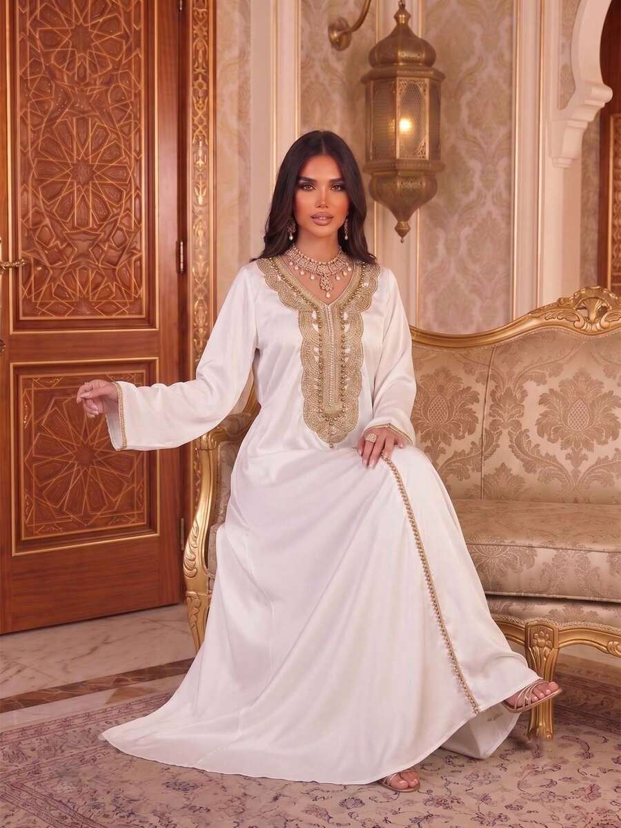 Women's Elegant Loose V-Neck Long Sleeve Beaded Ribbon Dress - White - View 1