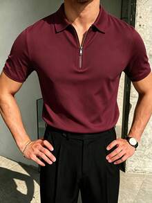 Camisa polo de manga corta de unicolor, de media cartera, casual y versátil para el trabajo diario para hombres - Burdeos - Ver 3
