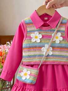 Set Pakaian Kasual Anak Perempuan, Gaun Kemeja Depan Setengah Terbuka Sederhana Warna Merah Mawar, Rompi Bunga 3D, dan Tas Fashion Bunga 3D - Hot Pink - View 3