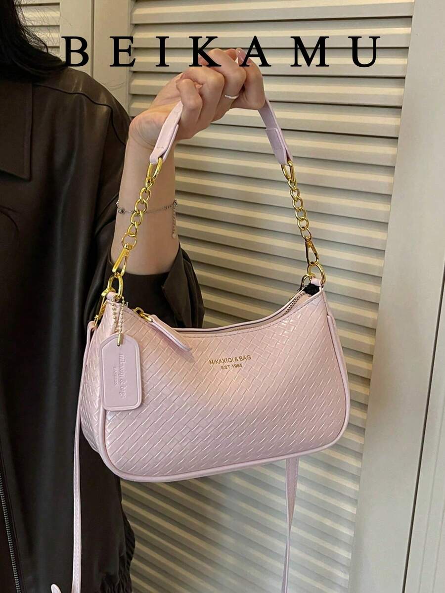 1件女款純色PU肩背包,百搭腋下包,適合上班通勤,可調節肩帶斜挎包 - 粉色 - 查看 1