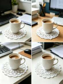 4pcs White Handmade Crochet Embroidered Coasters, Round Lace Design, Suitable For Coffee Cups, Tablecloths, Vases, Can Be Used For Wedding, Birthday, Party Table Decor, Home Kitchen Use, Also Suitable As Gifts - Multicolor - View 4