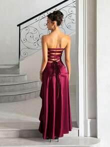 Women's Summer Red Strapless Satin Slit Slip Dress For Party, Holiday, Back To School - Burgundy - View 7