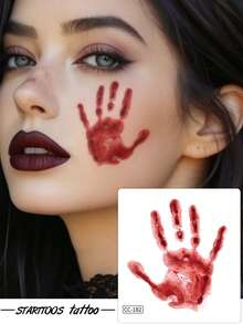 6PCS Halloween Butterfly Rivet Heart Stitch Blood Handprint Pentagram Pattern Halloween Makeup Costume Party Gift Face Arm Shoulder Neck Waterproof Tattoo Stickers - Red - View 6