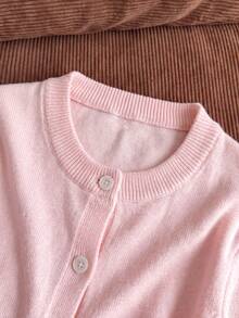 1pc Girls Big Tween Girl Autumn/Winter New Button-Up Cardigan Sweater, Simple Cute Casual Sports Long Sleeve Top - Pink - View 3