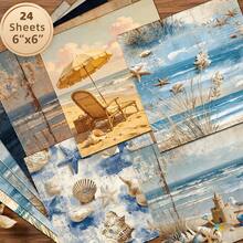 24 Sheets 6*6 Inch Mediterranean Vintage Seaside Scrapbook Decorative Paper, Aged Yellowed Texture Beach Starfish Shells Reeds Coast Sunset Starry Sky Old Letter Background Material Paper, Non-Repeating Seaside Vintage Craft Cardstock, Ocean Style Scrapbook, Vacation Greeting Card, Seaside Gift Box DIY Handmade - Square - View 7