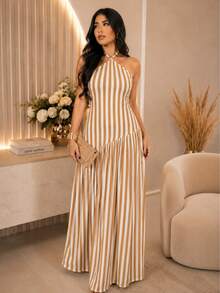Long Striped Viscose Dress For Parties, Events, And Everyday Wear - Mostaza Amarilla - Ver 5