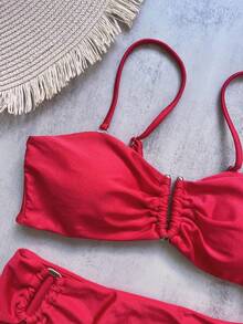 Women's Solid Color Bandeau Tie Up Metal Decor Bikini Swimwear Set Vacation Beach Summer Red - Red - View 7